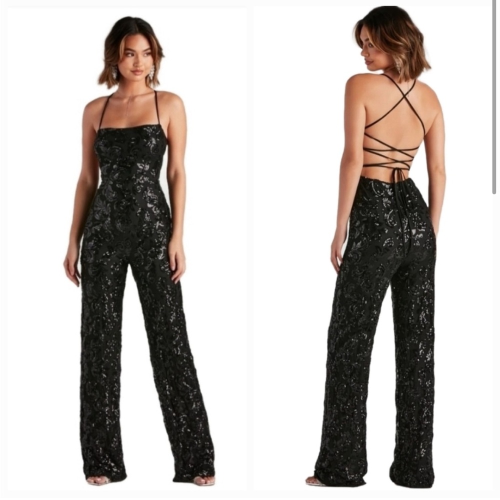 NWT Black Sequin Jumpsuit Windsor Formal
Open Back